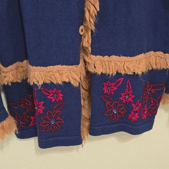 STORYBOOK KNIT Vintage 90s Boho Fringe Beaded Cardigan SZ LARGE - Picture 3 of 9